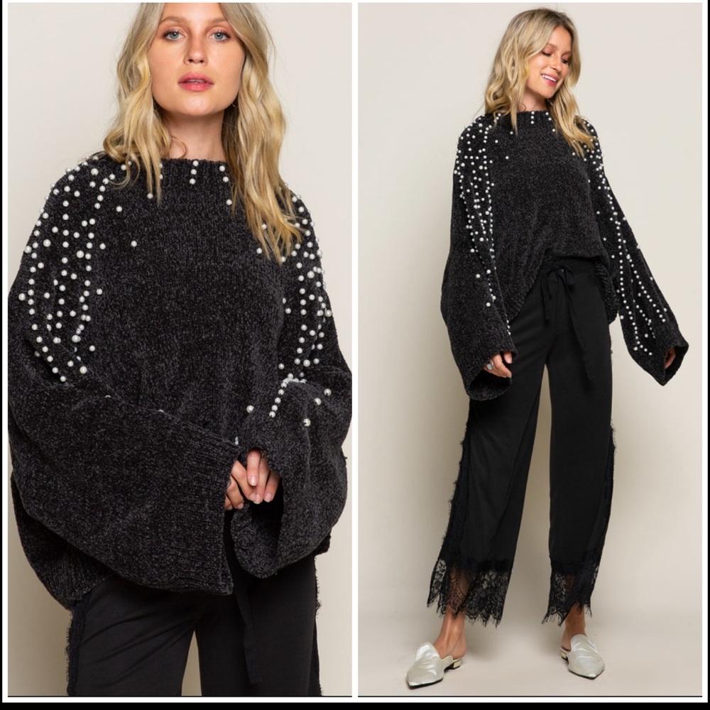POL- Sweater Black Pearl Embellished  Chenille Sweater♥️Only 2 Left ! 1S, 1L